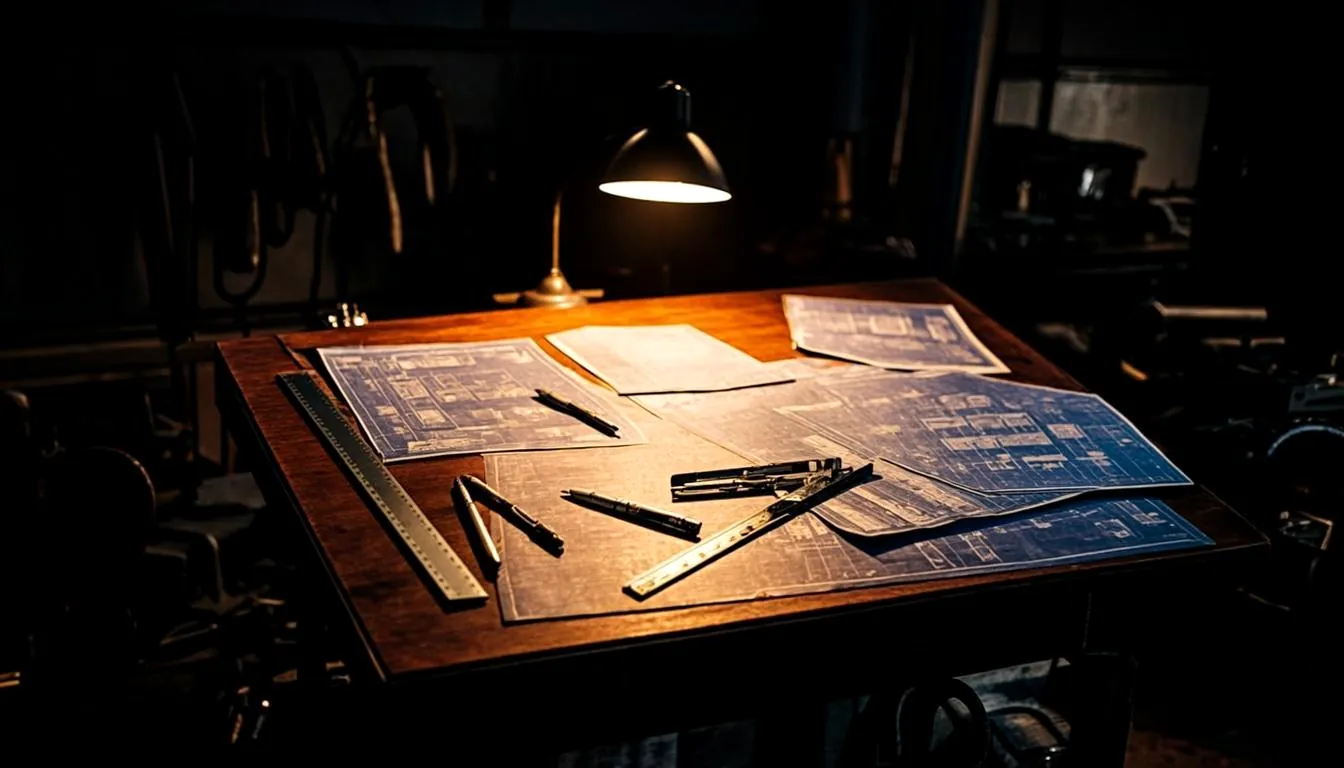 Conceptual artwork: technical drawings under a single warm lamp. Not a BigSteve Labs facility.