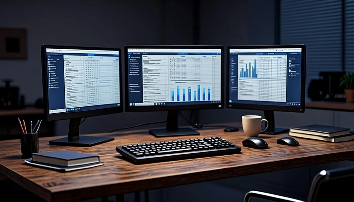 Conceptual artwork: a research desk with multiple monitors displaying abstract documents. Not a BigSteve Labs facility.