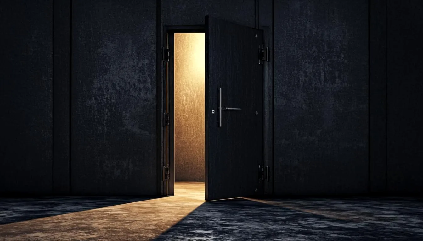 Conceptual artwork: large dark doors slightly open with warm light spilling through.