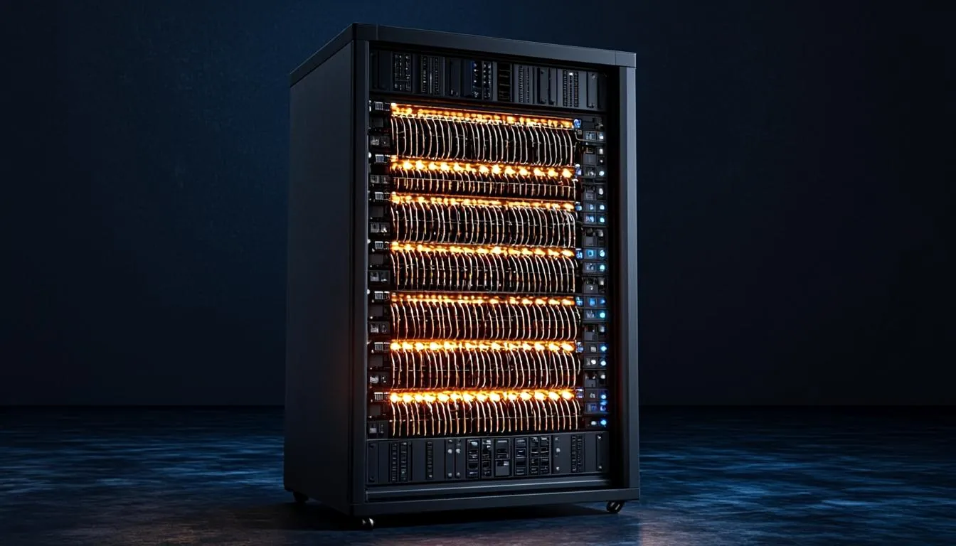 Conceptual artwork: a compact compute rack with status LEDs in a dark room. Not a BigSteve Labs facility.
