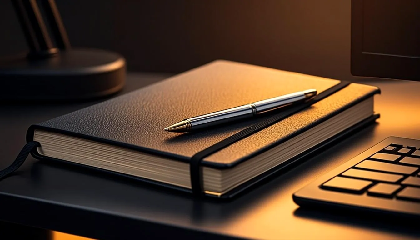 Conceptual artwork: a closed technical notebook and pen on a black desk.