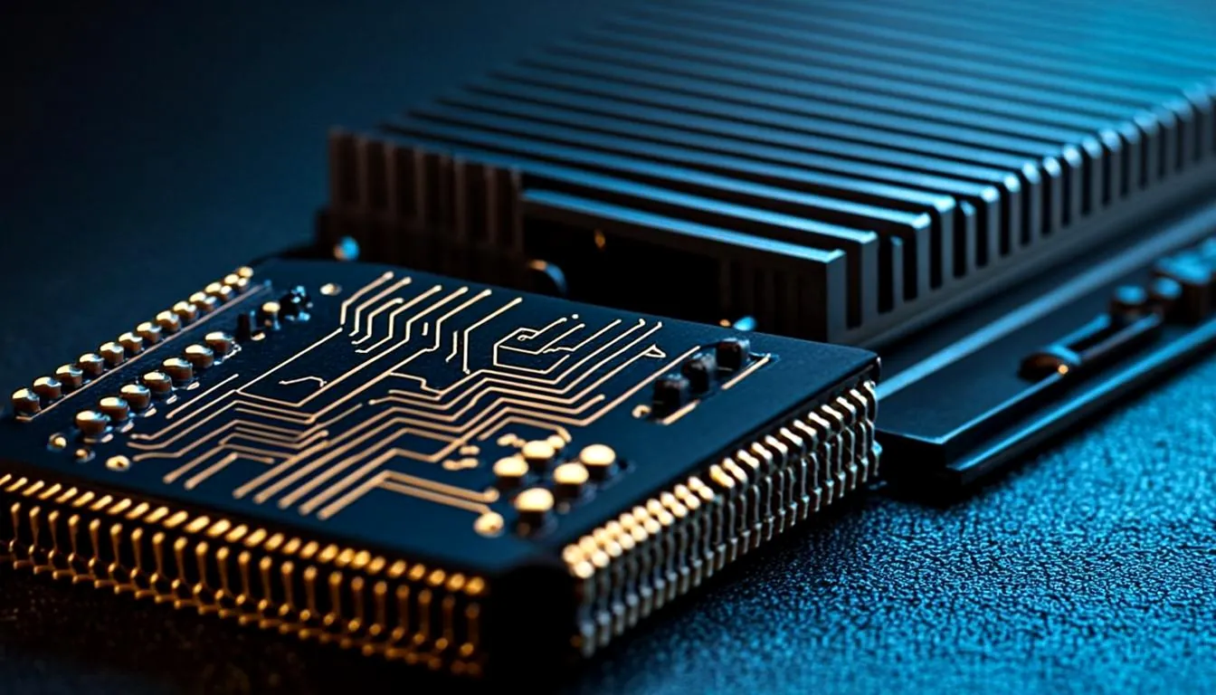 Conceptual artwork: an advanced AI compute module with amber-glowing circuit traces and steel-blue reflections in darkness. Not a BigSteve Labs facility.