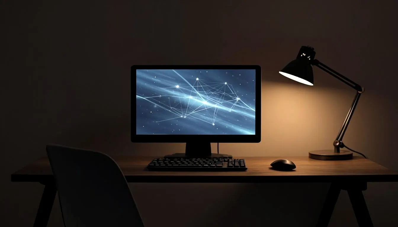 Conceptual artwork: a minimal dark workstation with a single glowing monitor. Not a BigSteve Labs facility.