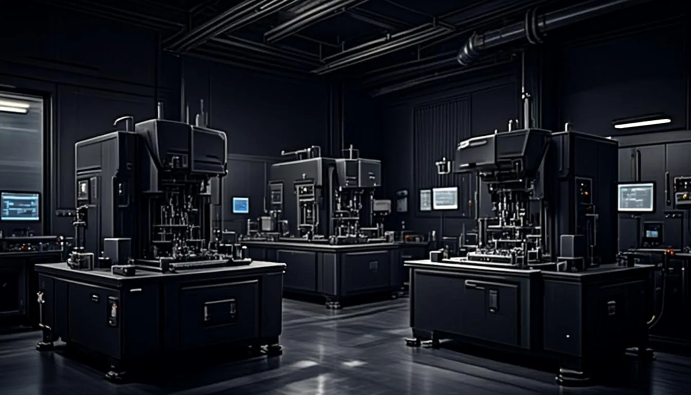 Conceptual artwork: a dark advanced engineering laboratory with pools of warm light. Not a BigSteve Labs facility.