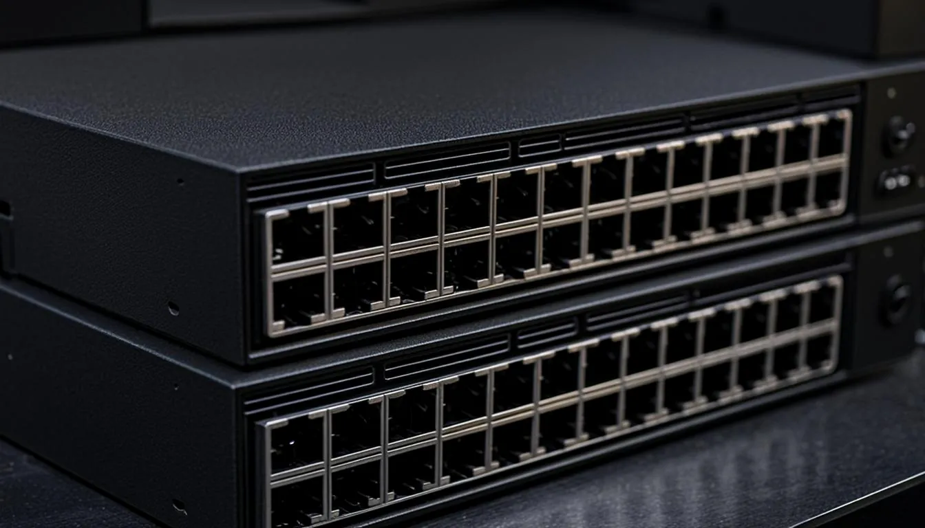 Conceptual artwork: dark network switches with glowing fiber optic ports.