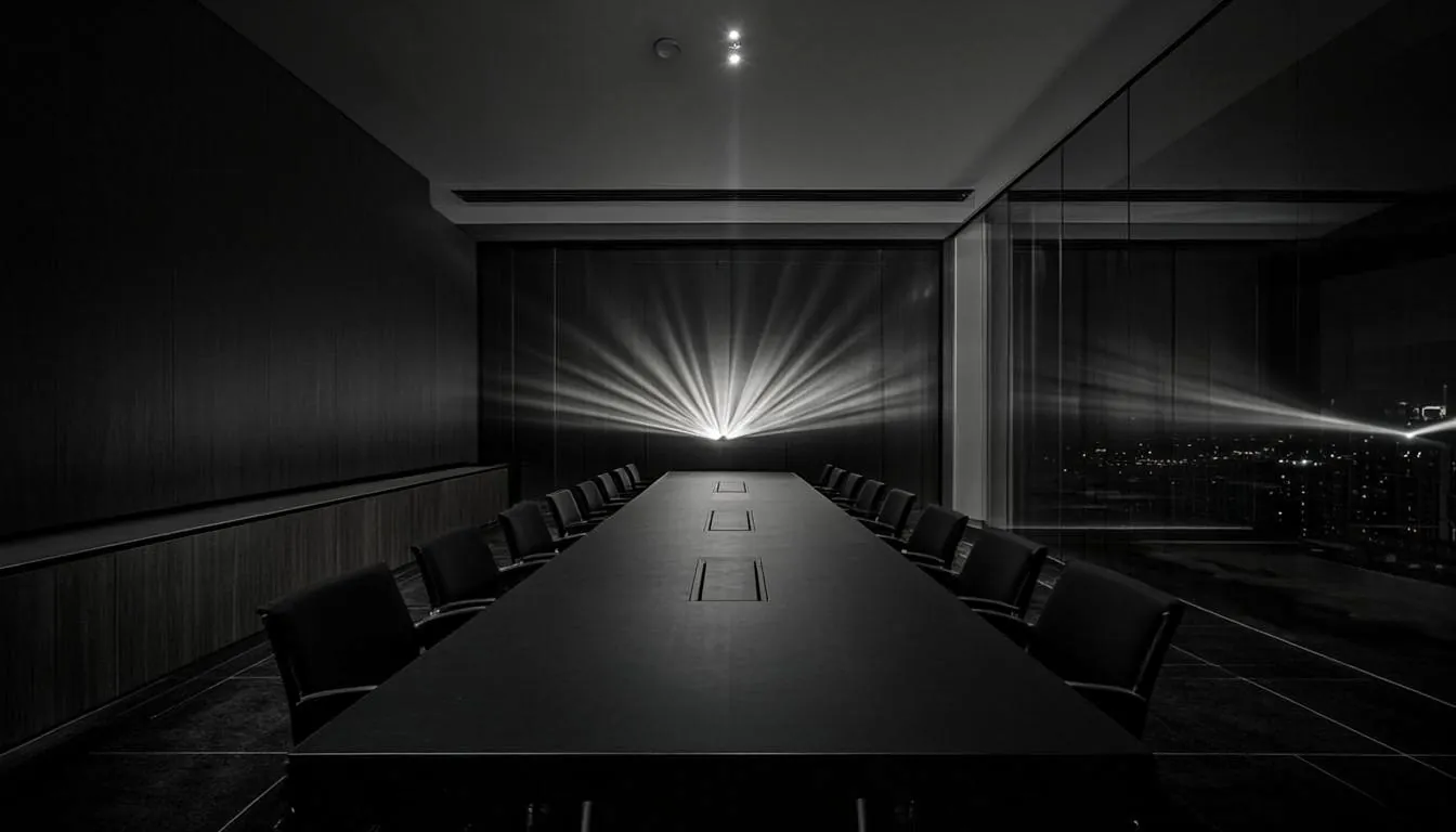 Conceptual artwork: a dark engineering review room with a soft projector beam. Not a BigSteve Labs facility.